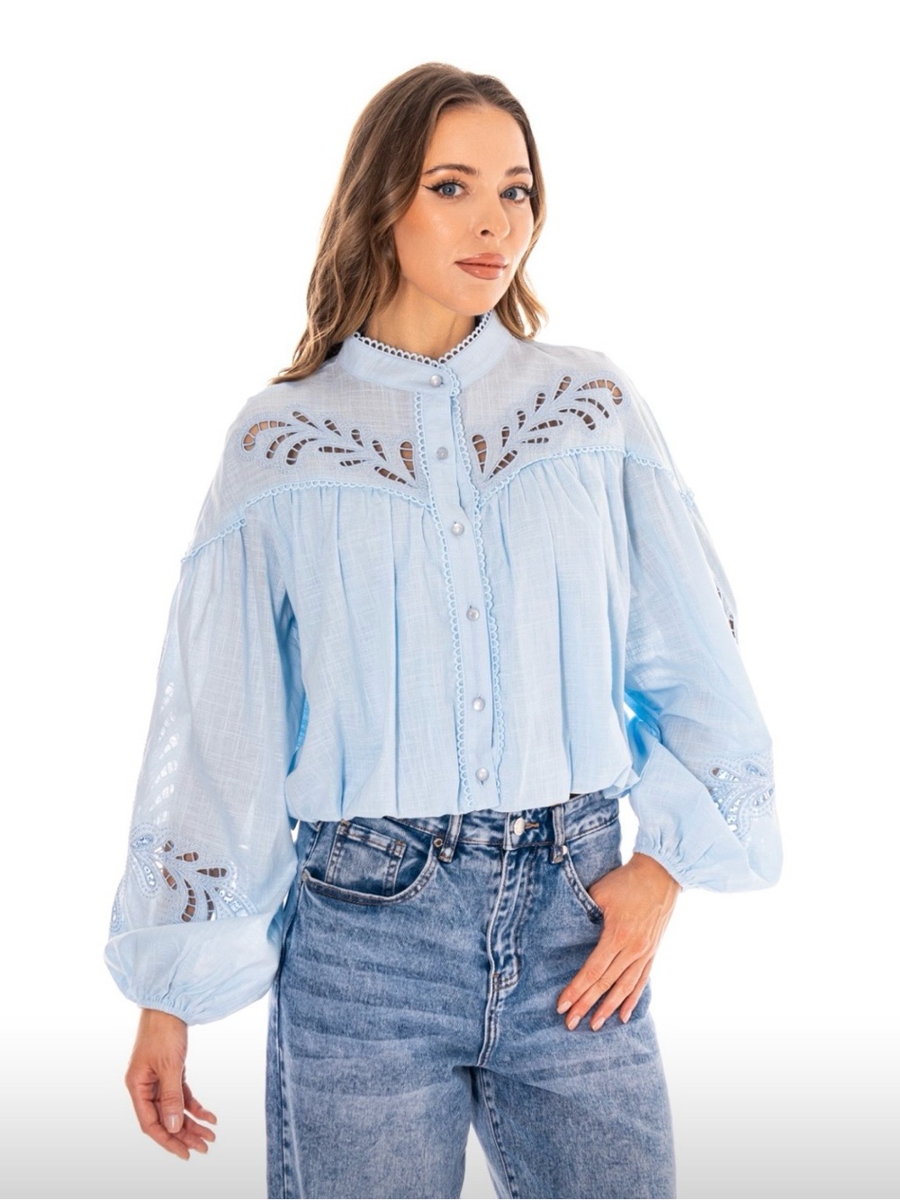Sky Blue Boho Lace Cutout Long Sleeve Blouse